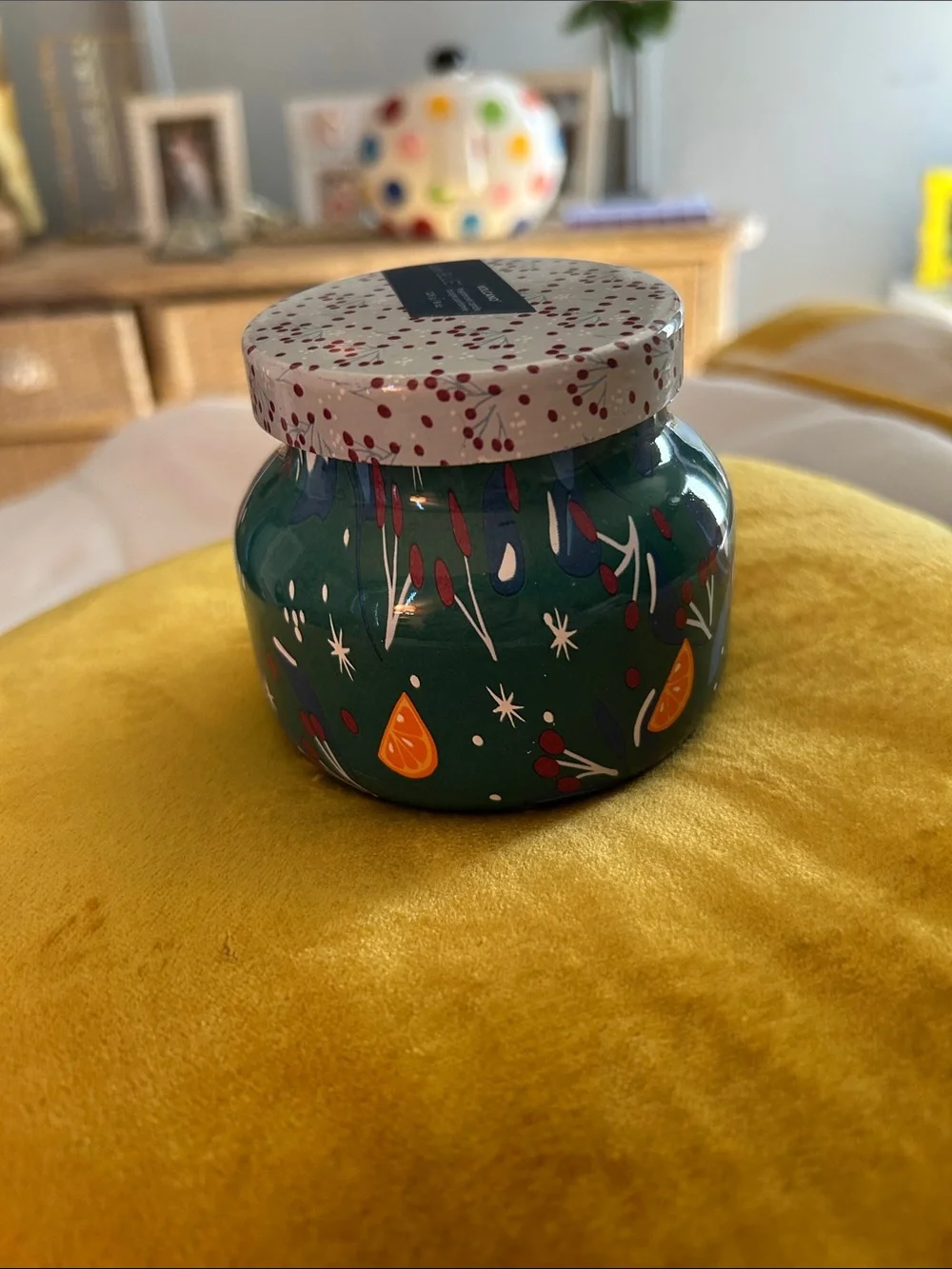 Decorative Green Glass Jar Candle with Citrus & Berry Motif By Volcano